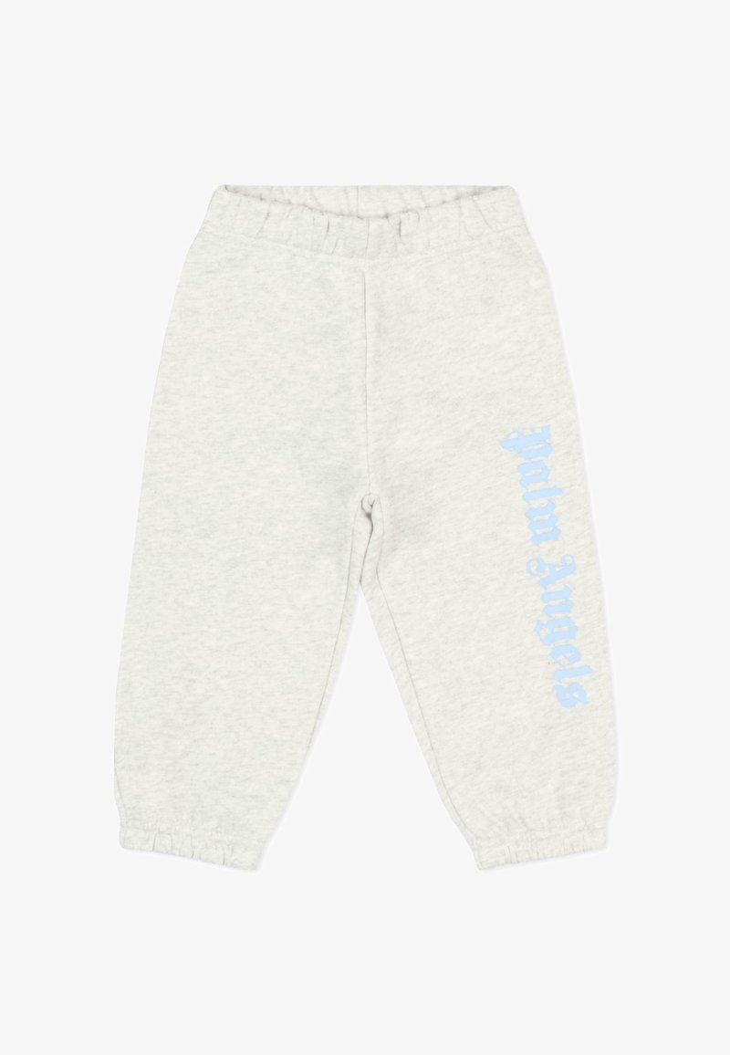Pantalon de survêtement gris clair avec taille et poignets élastiques, affichant le texte bleu « Palm Angels » imprimé verticalement sur la jambe droite.