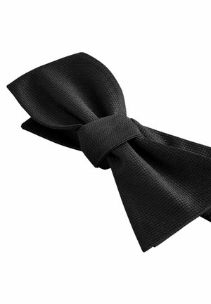 Zwarte vlinderdas van textuurstof, met een gladde knoop en brede, spitse uiteinden. Het oppervlak heeft een subtiel patroon.