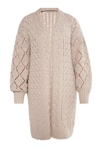 Cardigan oversize beige a maglia con motivo a trecce, collo a V profondo, maniche lunghe e motivi a rombi in rilievo. Design con apertura frontale.
