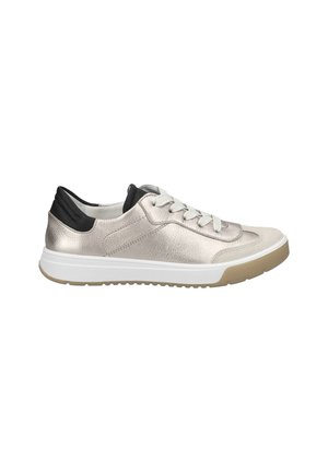 Metallic silver sneaker with black accents, textured leather upper, round toe, white midsole, and a flexible gum rubber outsole.