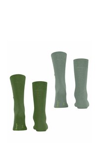 Zwei Paar Socken in unterschiedlichen Grüntönen, ein Paar knielang und das andere knöchellang, auf einem schlichten weißen Hintergrund.