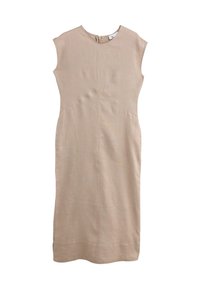 Abito beige senza maniche realizzato in tessuto testurizzato. Presenta un colletto rotondo e tasche laterali, con una silhouette dritta e un orlo fino al ginocchio.