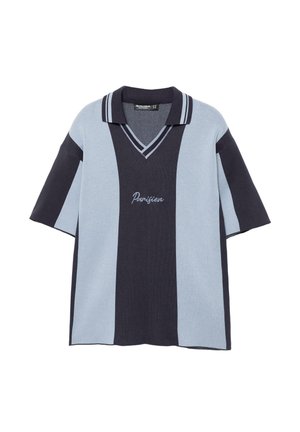 Kurzärmeliges Strick-Poloshirt mit vertikalen dunkel- und hellblauen Streifen und "Parisien" auf der Brust gestickt.