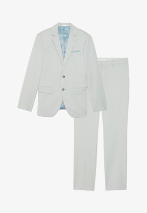Svetlosivi kostim, sestavljen iz blazerja na dva gumba in hlač s ravnim sprednjim delom, z gladko teksturo in subtilnimi poudarki, ter z modrim podlogom.
