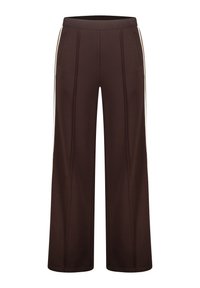 Pantalons marron à jambes larges avec une finition texturée, présentant des détails à coutures pin et des rayures contrastantes sur les côtés. Taille élastique pour le confort.