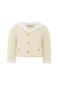 Giacca gialla in tessuto con colletto bianco, caratterizzata da tre bottoni, due tasche frontali con bordi bianchi e maniche a tre quarti.