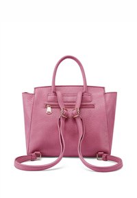 Borsa a tracolla in pelle rosa con finitura testurizzata, manici superiori doppi e tracolla regolabile. Dotata di una tasca con zip e accenti dorati.