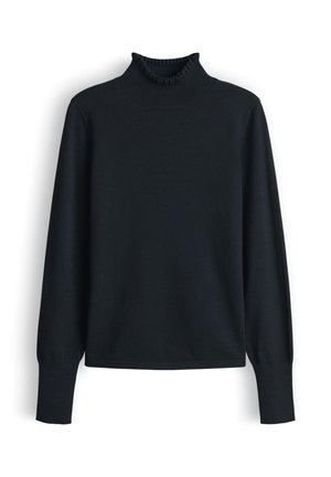 Schwarzer Rollkragenpullover mit einem Rüschenausschnitt, langen Ärmeln und gerippten Bündchen. Weiche Textur; minimalistisches Design, ohne zusätzliche Muster.