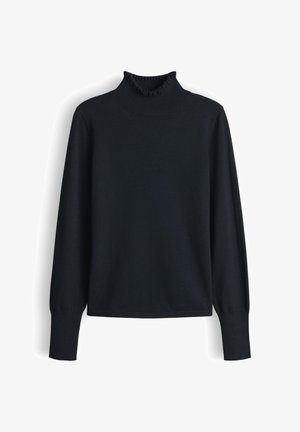 Maglione nero a collo alto con scollatura arricciata, maniche lunghe e polsini a costine. Texture morbida; design minimalista, senza ulteriori motivi.