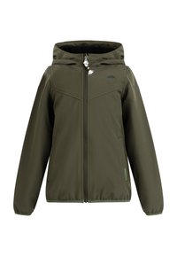 Olivgrön jacka med hood, dragkedja, elastiska muddar och framfickor. Har en liten broderad paraply och dekorativa snoddar.