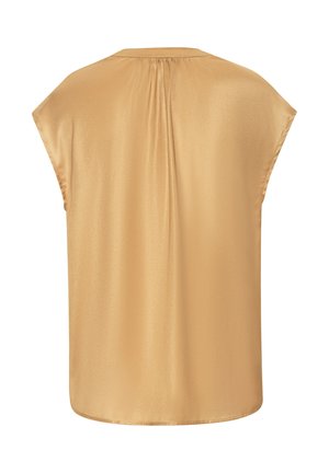 Rückansicht einer ärmellosen, kamelfarbenen Satinbluse mit leichten Raffungen an der oberen Mitte und einem geraden Saum.