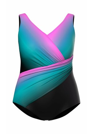 Jednoczęściowy strój kąpielowy z gradientowym wzorem przechodzącym od różowego do turkusowego, z czarnymi akcentami i marszczonym detalem w talii.