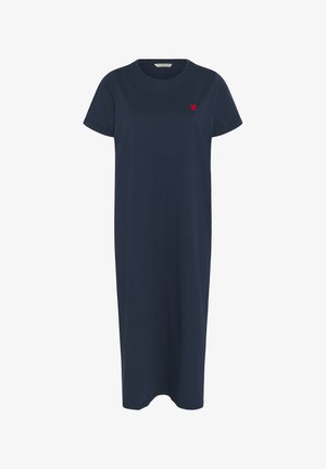 Tumesinine lühikeste varrukatega midi kleit ümara kaelusega ja väikese punase südame tikand vasakul rinnal.