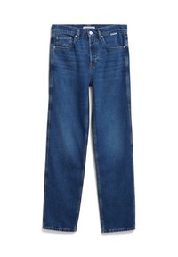 Jean en denim bleu avec une coupe droite, design à cinq poches et fermeture à bouton. Présente un délavage subtil et des détails de couture.