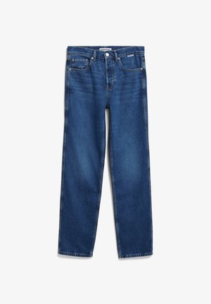 Jean en denim bleu avec une coupe droite, design à cinq poches et fermeture à bouton. Présente un délavage subtil et des détails de couture.