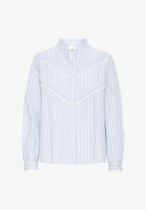 Blusa a righe azzurro chiaro con maniche lunghe, chiusura con bottoni, colletto arricciato e dettagli in pizzo lungo il petto e i polsini.