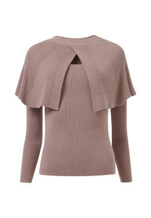 Pull en tricot côtelé en doux mauve, avec un col montant, des manches longues et un design superposé à l'avant supérieur avec un détail en découpe.