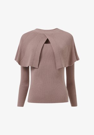 Pull en tricot côtelé en doux mauve, avec un col montant, des manches longues et un design superposé à l'avant supérieur avec un détail en découpe.