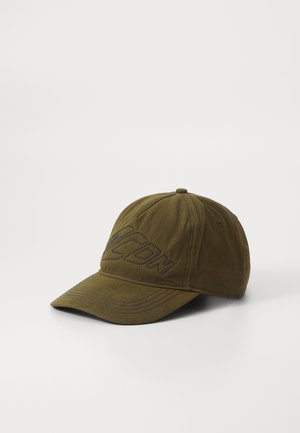 Olive green baseball cap made of cotton, featuring a stitched logo in dark thread, rounded top, and a curved brim.