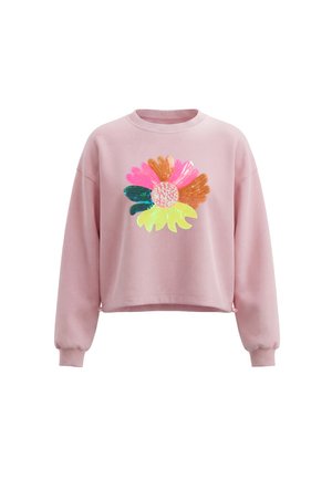 Lyserød sweatshirt med lange ærmer og ribbet manchetter, med stort flerfarvet blomstermotiv med palietter foran.
