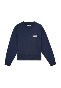 Felpa blu navy, in misto cotone, collo a giro, con polsini e fondo a costine, presenta una piccola patch con logo rosso e bianco sul lato sinistro del petto, motivo testurizzato.
