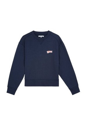 Navy blue sweatshirt, cotton blend, crew neck, ribbed cuffs and hem, features small red and white logo patch on left chest, textured pattern.