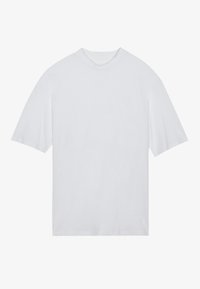White short-sleeve t-shirt made of cotton, featuring a high crew neck and relaxed fit, with a smooth texture and no patterns.