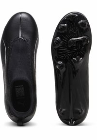 Scarpe da atletica nere con tomaia testurizzata e design snello. Presentano una suola con numerosi tacchetti per una migliore trazione. Include un dettaglio con codice QR.