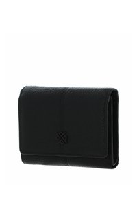 Portefeuille en cuir noir à finition texturée, design plié, avec un logo embossé en premier plan. Forme compacte et élégante.