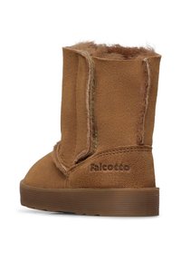 Brązowe zamszowe botki do kostki z podszyciem z owczej wełny, przeszyciami i gumową podeszwą. Posiadają wytłoczone logo po zewnętrznej stronie.