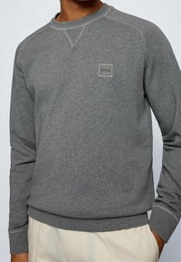 Felpa grigia realizzata in tessuto morbido, caratterizzata da un collo rotondo, polsini a costine e un discreto patch con logo sul petto. Texture liscia, design casual.