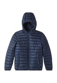 Giubbotto imbottito blu navy con cappuccio, caratterizzato da un motivo trapuntato, chiusura a zip completa e due tasche frontali. Esterno liscio e lucido.
