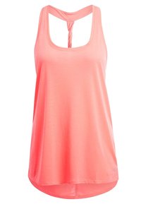 Débardeur de sport sans manches en rose corail, avec un dos nageur torsadé et un ourlet arrondi, fabriqué en tissu léger et respirant.