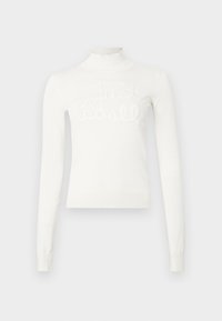 Bela dolga turtleneck pulover. Ima rebrast ovratnik in manšete ter izbočeno vezenje besedila "Samo." Mehek pleteni material.