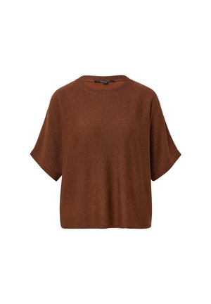 Brązowy dzianinowy top z krótkim rękawem, z okrągłym dekoltem i luźnym krojem, o miękkiej teksturze i delikatnym połysku. Brak widocznych wzorów lub akcentów.