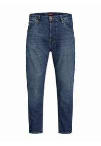 Jeans in denim blu scuro con un classico design a cinque tasche, chiusura con bottone e una leggera sfumatura. Vestibilità dritta con orlo sfilacciato.