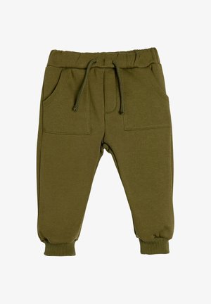 Olivgrüne Jogginghose für Kleinkinder mit elastischem Bund, Kordelzug, vorderen aufgesetzten Taschen und gerippten Bündchen.