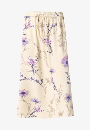 Blomstrende midi-nederdel i cremefarvet stof med lilla og blå blomstermønstre. Elastisk talje med snoretræk. Let og svævende design.