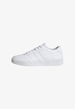 White athletic shoes with smooth synthetic material, round toe, flat rubber sole, and three parallel side stripes. Lace-up design.
