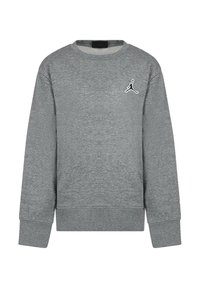 Felpa grigia realizzata in tessuto morbido. Presenta un collo tondo, maniche lunghe, polsini a coste e un logo Jumpman nero sul petto.