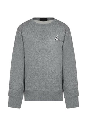 Felpa grigia realizzata in tessuto morbido. Presenta un collo tondo, maniche lunghe, polsini a coste e un logo Jumpman nero sul petto.