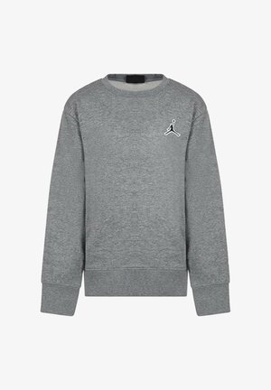 Felpa grigia realizzata in tessuto morbido. Presenta un collo tondo, maniche lunghe, polsini a coste e un logo Jumpman nero sul petto.