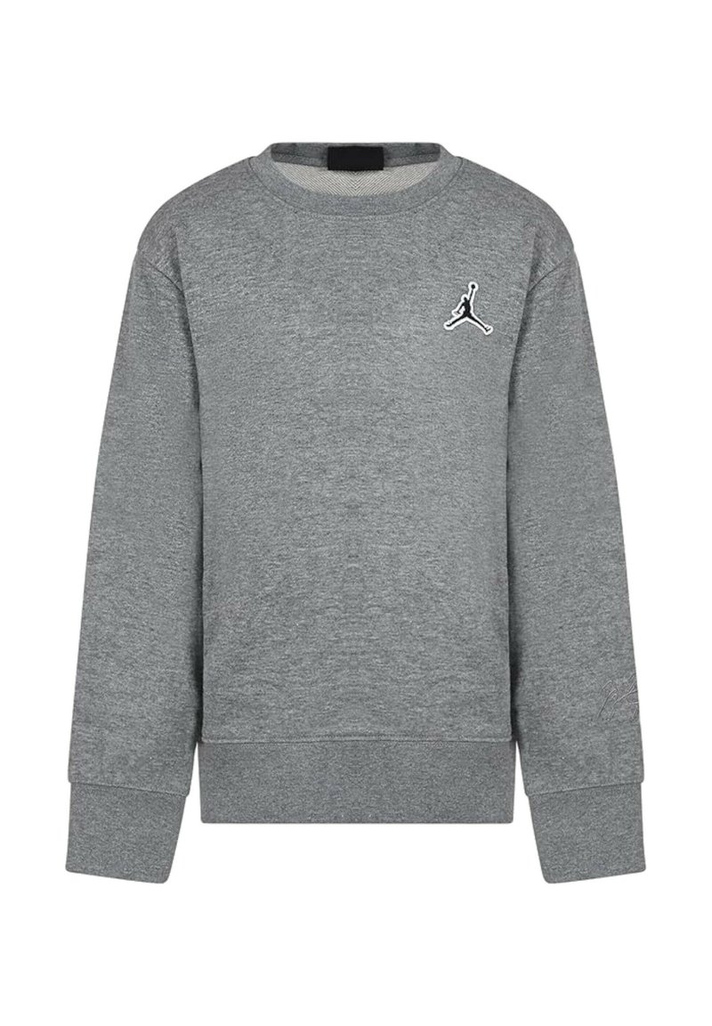 Felpa grigia realizzata in tessuto morbido. Presenta un collo tondo, maniche lunghe, polsini a coste e un logo Jumpman nero sul petto.