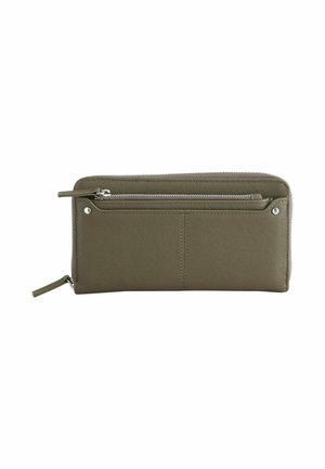 Olive green leather wallet with a textured finish, featuring a zippered pocket, stitch detailing, and silver-tone hardware accents.