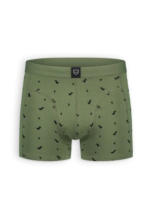 Green boxer briefs made from soft fabric, featuring black dinosaur and cactus patterns, with a solid green waistband and a small logo tag.
