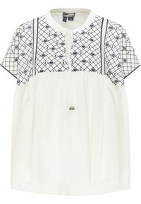 Haut blanc avec manches courtes et motifs, broderie marine sur les manches et encolure ronde. Comprend un cordon de serrage au col.