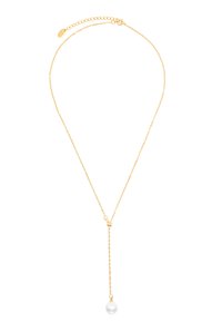 Collana in oro con un pendente di una sola perla bianca, dal design delicato e con lunghezza regolabile per personalizzazione.