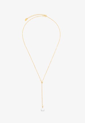 Gold chain necklace featuring a single white pearl pendant, with a delicate design and adjustable length for customization.