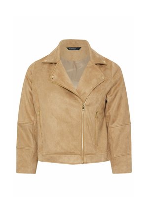 Chaqueta corta de ante color canela con cuello de solapa, cremallera frontal asimétrica y bolsillos laterales con cremallera.