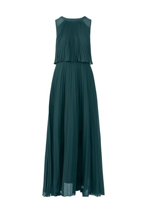 Langes, türkisfarbenes, plissiertes Kleid mit einem geschichteten Oberteil und ärmellosem Design. Es verfügt über einen runden Ausschnitt und einen fließenden Rock. Hergestellt aus leichtem Stoff.